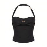 Women’s Solid Color Vest Halter Tops Front Metal Cut Out Sleeveless Slim Fit Tank Tops Summer Sexy Elegant Streetwear