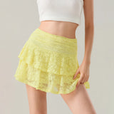 Womens Mini Skirt Lace Flower Low Waist A-Line Layered Ruffled Skirt for Daily Party Club