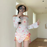 Sweet Vacation Bikini Set 2026 Women Long Sleeve Drawstring Cover Ups Pleate Short 4 Piece Swimsuit Beach Bathing Suit Swimwear
