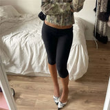 Y2K Low Waist Fold-Over Capri Leggings Solid Color Women High Stretch Slim Fit Knee Length Pants Streetwear Casual Summer Outfit
