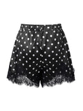 Summer Women's Dots Print Satin Shorts Elastic Waist Loose Lace Trim Hem Short Pants for Daily Casual Lounge Wear