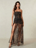 Women’s Tube Top Dress Bohemian Printed Strapless Mesh High Slit Long Dress Summer Evening Party Beach Sexy Club Dresses Summer