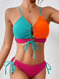 2026 Drawstring Triangle Bikini Women Sexy Color Block Swimwear Female Strappy Swimsuit Bathers Bathing Swimming Swim Suit