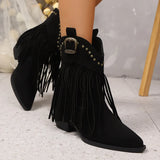 Women Ankle Boots Autumn  Suede Chelsea Boots Pointed Toe Tassel High Heel Shoe Rivet Fashion Retro Cowboy Boots Botas Mujer