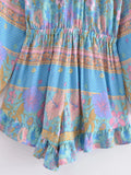 Long Sleeve Spring Summer Short Jumpsuit Women Printed Bohemian Wide Leg Playsuit Female Romper Ruffles Rayon Boho Overalls 2025