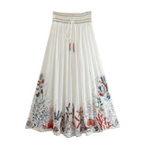 Foridol Marine Organism Embroidery Batwing Sleeve Summer Spring Maxi Skirt Set Cotton White Tassle Dress Set Outfits Button Suit