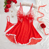 Pink Lips Sexy Lingerie Kawaii Babydoll Dress Women Lace See Through Nightdress Sleepwear Soft V Neck Erotic Pajamas With Thongs
