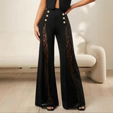 2026 Women's Solid Color Lace Spliced   Flare Pants Trousers