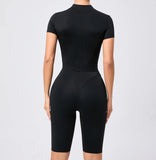 Women's One-Piece Suit Zipper Short Sleeve Gym Push Up Workout Clothes Fitness Short Bodysuit Sportswear Jumpsuits