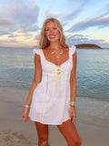 White Lace Dress Summer Women's Dress Bowknot Back Tie Up Short Beach Vestidos Female Sleeveless Mini Casual Cotton Dress 2025