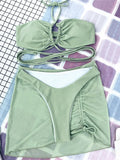 Wrap Around with Mesh Sarong Skirt Bikini Female Swimsuit Women Swimwear Three-pieces Bikini Set Beachwear Bathing Suit Swim