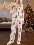 Women's 2025 Christmas Pajama Set Long Sleeve Lapel Santa Claus Christmas Tree Print Shirt Pants Two Pieces Sleepwear