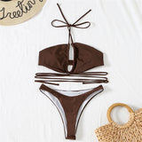 Solid Color Bikini Sexy Hollow Out Bandage Cross Thong Swimwear Women Halter Backless Bathing Suit High Waist Swimsuit 2026 New