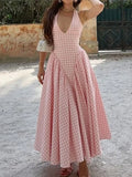 Elegant V-Neck Pleated Long Dresses Women High Waist Summer 2025 French Style Fashion V-neck Backless Lace-up Vacation Vestidos