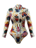 S - XXL New One Piece Swimsuit Women Swimwear Female Padded Bather Bathing Suit Swim With Pants Zipper Printed Long Sleeve K8113