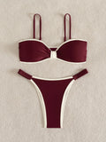 Sexy Wine Patchwork Bikini Set 2026 Women Front Tie Pleate Push Up Bra Thong Swimsuit Summer Bathing Suit Vacation Swimwear