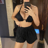 Ruffled Firlled Halter Bikini Women Swimwear Female Swimsuit Three-Pieces Bikini Set With Shorts Bather Bathing Suit Swim V5673