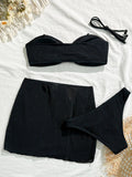 With Skirt Wrinkled Bandeau Bikini Female Swimsuit Women Swimwear Three-pieces Bikini Set Metal Ring Bathing Suit Swim Beachwear