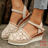 Hollow Fabric Roman Shoes Summer Travel Round Head Wedge Toe Fashion Sandals Comfortable Thick-sole Women's Shoes 2026