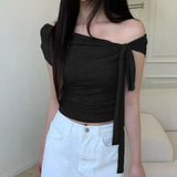 Korean Style Solid Color Women's Top Casual Slash neck Crop Top Fahionable Slim Fit White Tee Lady Summer Night Out Dress up