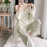Gold velvet three-piece pajamas set, autumn and winter lace nightgown, sexy home wear with chest pad