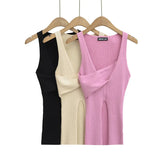 Stylish Cross-over Irregular Neckline Sleeveless Knitted Vest For Women Niche Sexy Slit Slim-fit Top CasualPure Desire 0FY1
