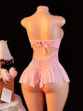 Adult Erotic Bodysuit Lace Hanging Collar Deep V-neck Semi Transparent Women Sexy Lingerie Crotchless Hot Underwear