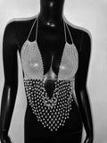 Sexy Women Rhinestone Halter Tops Tie-up Bling Body Chain Bra Going Out Lingerie Camisoles for Party Clubwear