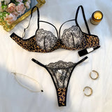 Leopard print patchwork lace lingerie set - Sexy see-through mesh semi-cup shaping bra thong set for two pieces ZA824120