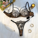 Black Wild leopard print patchwork lace lingerie set - Hot girl style netted embroidered half-cup bra thong set ZA825120