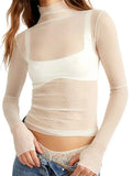 Women Mesh Dot T-shirt Long Sleeve Turtleneck Slim Fit Tee Tops Club Sexy Shirts See Through Cover-ups Smock Summer Fall