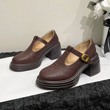 Ladies Retro Style High Heel Single Shoes for Women Platform Thick Heel Buckle Design Casual Loafers T-strap Leather shoes New