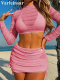 Long Sleeve Cover Up Skirt Halter Bikini Female Swimsuit Women Swimwear Four-Pieces Bikini Set Bathing Suit Bather Swim V7273