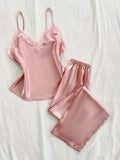 Two Piece Women's Pajamas Set with V Neck Lace Design Top Long Pants Fashionable And Comfortable For Spring And Summer Seasons