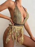 New Shiny One Piece Swimsuit Sexy White Snakeskin Print Deep V Neck Swimwear Backless Bathing Suit Sequin Tassel Skirt Monokini