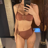 S - XL Metal Ring Halter Female Swimsuit High Waist Bikini Women Swimwear Two-Pieces Bikini Set Bather Bathing Suit Swim V6933