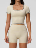 Speed Drying Tight Yoga Sets Women Color Contrast Short Sleeve Slim Sports Top High Waist Leggings Running Fitness Athletic Wear