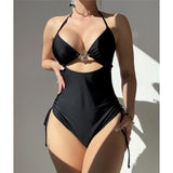 S - XL Metal Flower Cut Out Halter Women Swimwear One Piece Swimsuit Female Backless High Leg Cut Bather Bathing Suit Swim K7446