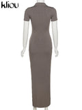 Kliou Elegant Office Lady Maxi Dress Women Solid Fashion Turn-down Collar Short Sleeve Button Side Slit Body-Shaping Street Robe
