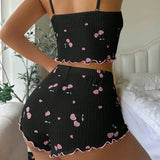 Women's Heart Print Sexy Ribbed Bow Decor Pajama Set, Round Neck Backless Comfortable Crop Cami Top & Shorts, Summer Nightwear