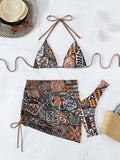 3 Pieces Triangle Halter Bikini 2026 Women & Beach Skirt Swimwear Female Printed Swimsuit Bathers Bathing Swimming Swim Suit