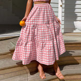 2026 Summer Vintage Checkered Maxi Skirt Women High Waisted Elastic Plaid Ruffle Long Skirts Retro Sweet Cake A  Line Skirts