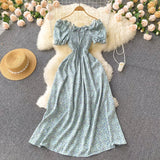 2025 Summer French Vintage Floral Dress Fashion Elegant High-Waisted Drawstring Vestidos Printed Fresh And Sweet Long Dresses