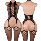 Sexy Body Lingerie Bodysuit Hanging Neck Bodystockings Erotic Crotchless Women Fishnet Hollow Open Bra Underwear Black Stockings