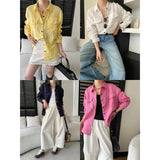 Women White Linen Blend Button Down Shirt Turn Down Collar Chest Pocket Loose Fit Blouse For Summer And Vacation Outfit KY7U