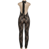 Women Halter Neck Lace Mesh Jumpsuit Sheer See Through Sleeveless Backless Bodycon Romper Y2K Clubwear Party Nightclub Outfit