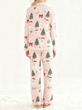 Women's 2025 Christmas Pajama Set Long Sleeve Lapel Santa Claus Christmas Tree Print Shirt Pants Two Pieces Sleepwear