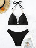 Push Up Ribbed Halter Bra Cup Bikini Female Swimsuit Women Swimwear Three-pieces Bikini Set Diamond Link Bathing Suit Swim Lady