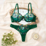 Green Floral Embroidery Lingerie Set Women Sheer Mesh Push Up Bra And Thong 2 Piece Sexy Transparent Lace Underwear ZA824026