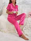 Silk 2Pcs Pyjama Set For Women Short-Sleeve With Pockets And Long Pants Soft Smooth Touch Luxurious Ladies' Sleepware Nightshirt